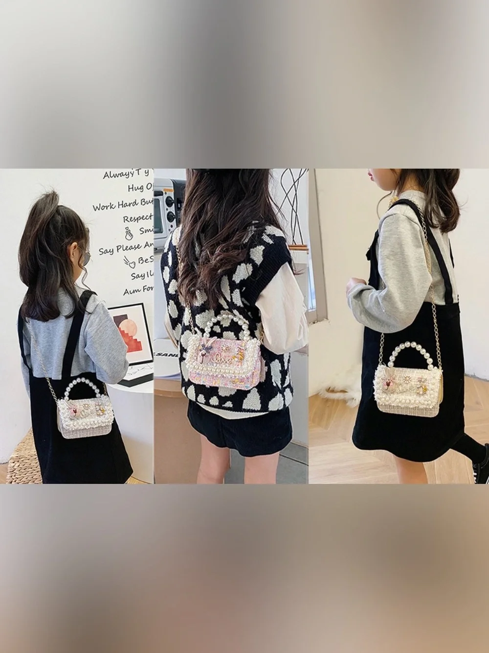 New Girls' Black Tweed with Charms Mini Crossbody Shoulder Bag Purse Chain Strap